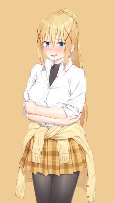 Blush, shy girl in school uniform