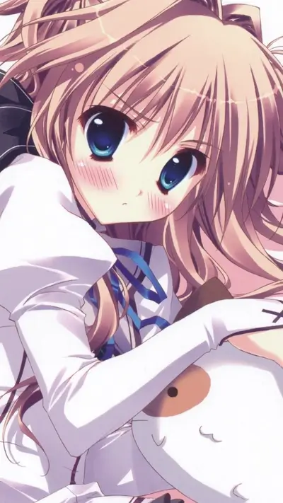 Blushing anime girl hugging a plush toy