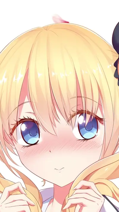 Blushing anime girl with blonde hair