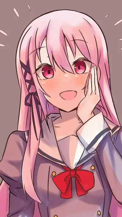 Blushing anime girl with pink hair