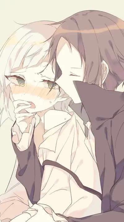 Blushing girl embraced by a boy