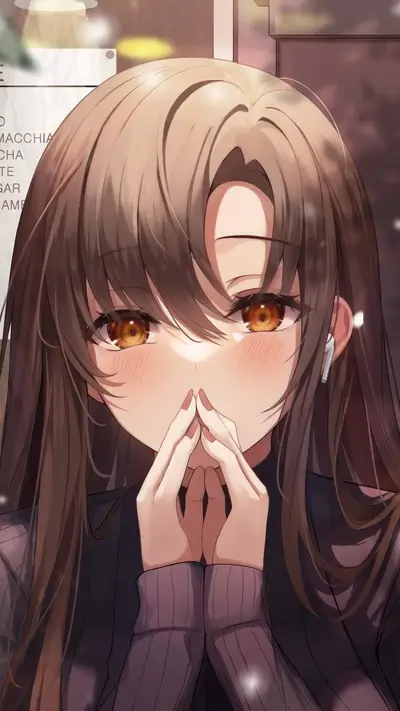 Blushing girl with brown hair and yellow eyes