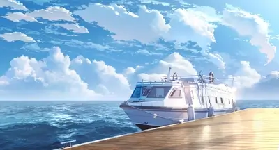 Boat resting at dock with pretty cloudy blue sky background
