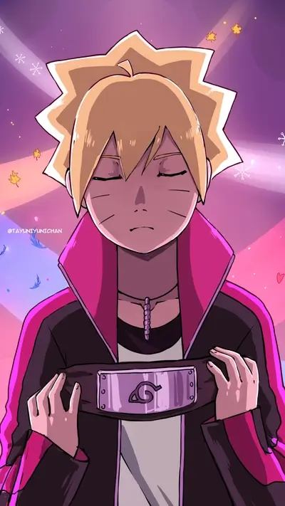Boruto Uzumaki holding his forehead protector