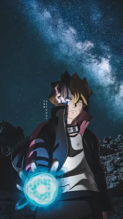 Boruto Uzumaki with Rasengan under starry night