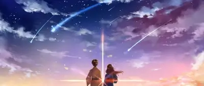 Boy and girl in yukata watching shooting stars under twilight sky