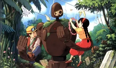 Boy and girl interacting with a mossy robot soldier in nature
