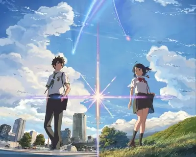 Boy and girl standing under bright blue sky with falling comets