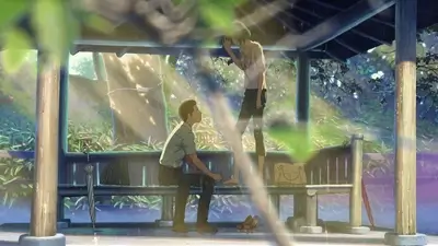 Boy and woman inside a rainy shelter surrounded by greenery