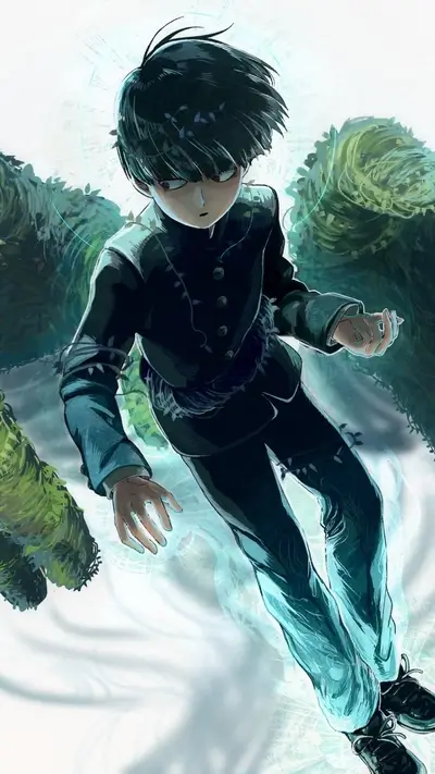 Boy floating with powers, ethereal aura, dark hair, surrounded by nature elements