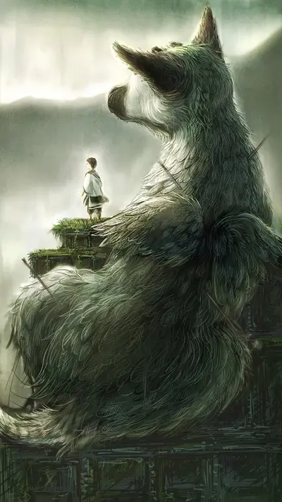 Boy gazes at a colossal, furry creature
