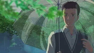 Boy holding clear umbrella in rainy green nature background