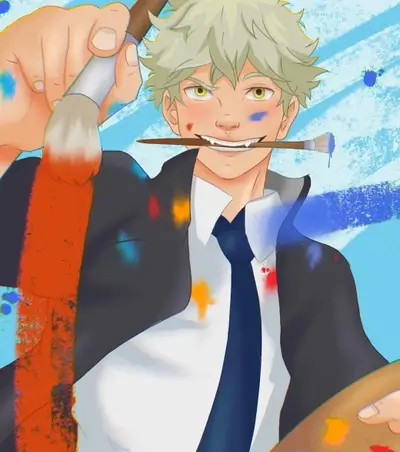 Boy holding paint brush and palette with brush in mouth