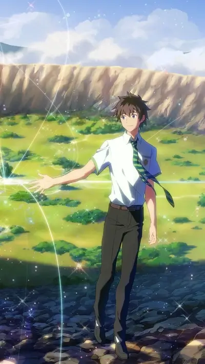 Boy in school uniform stands on rocky ground, mystical energy flows