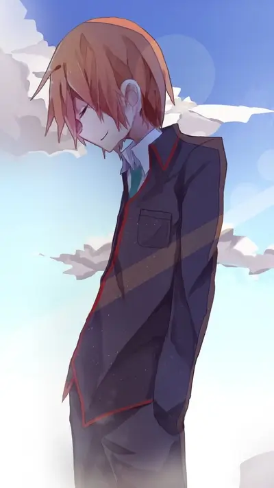 Boy in uniform standing, cloudy sky