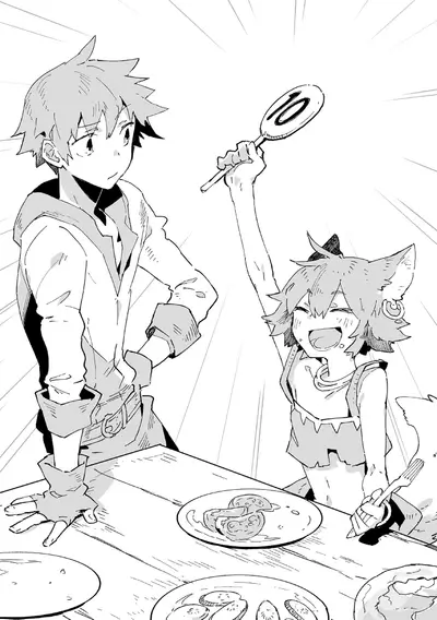 Boy looking at a beastman girl holding a ten score sign