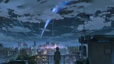 Boy looking at a falling comet over a city at night