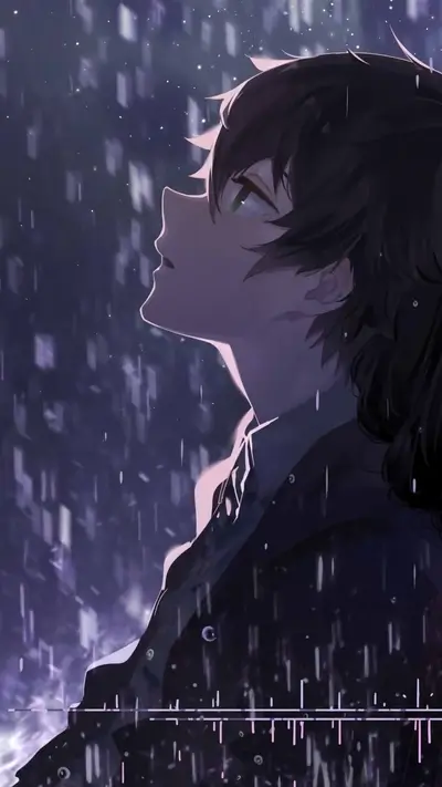 Boy looking up in the rain