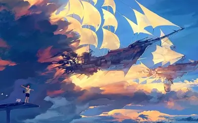 Boy on a platform watches a steampunk airship sail through clouds