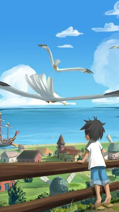 Boy overlooking coastal village, seagulls flying
