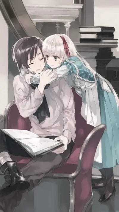 Boy reads with girl hugging his neck, both are inside