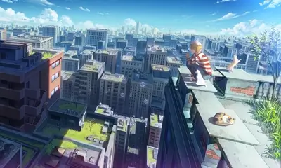 Boy sits on rooftop overlooking city, cats nearby