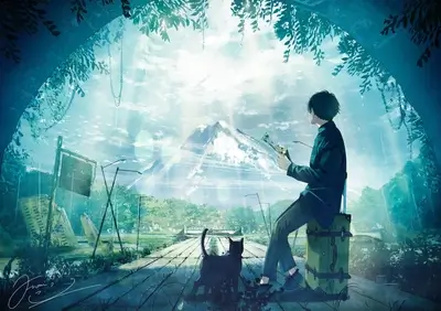 Boy sits with his suitcase, looking at a scenic view, cat besides him