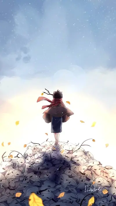 Boy standing on a pile of skulls under a cloudy sky