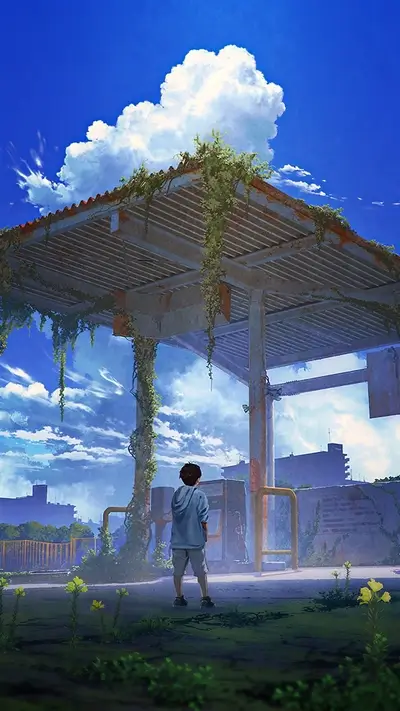 Boy standing under abandoned gas station, nature reclaims the structure, blue sky overhead