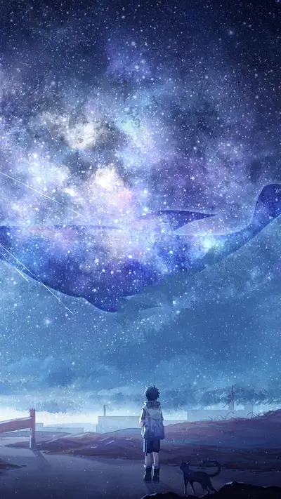 Boy watching a whale-shaped galaxy in the night sky