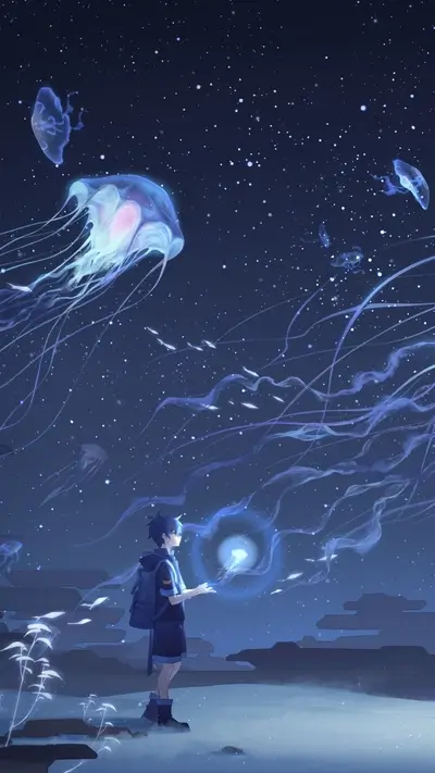 Boy with backpack looking at glowing jellyfish