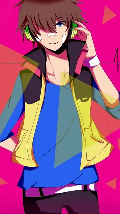 Boy with bandages, wearing headphones, colorful jacket, and striking pink background