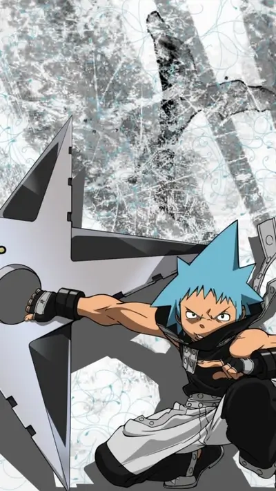 Boy with blue hair holding star shuriken ready to attack