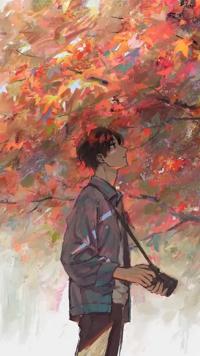 Boy with camera gazing upwards among colorful leaves