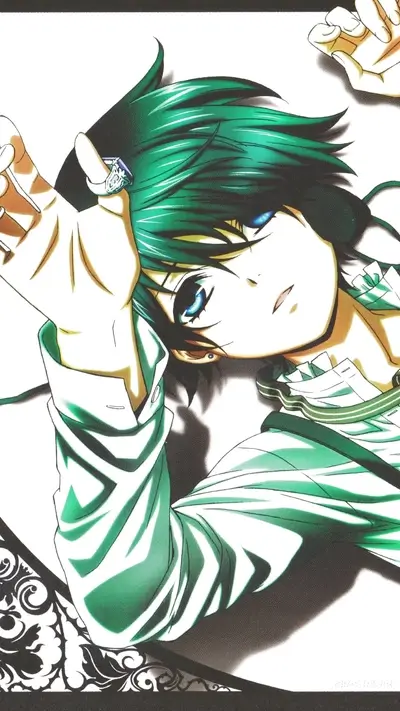 Boy with green hair, wearing a ring, lying on a pillow