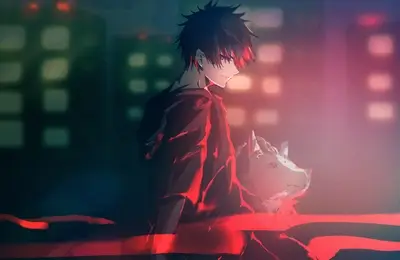 Boy with spiky dark hair stands in a city beside his dog.