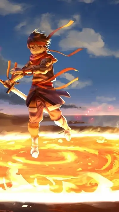 Boy with sword standing on swirling fire