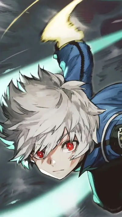 Boy with white hair and red eyes, dynamic pose