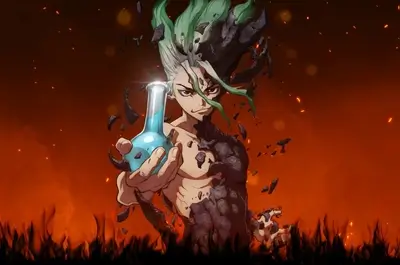 Breaking out of stone shell while holding chemical flask over fire