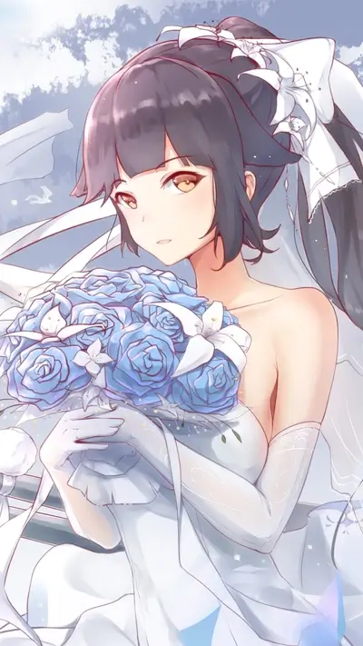 Bride in white dress holding blue roses