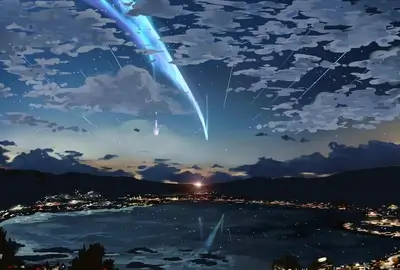 Bright comet splitting across cloudy night sky over lake and city