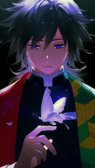 Brooding anime character holding white butterfly, cloak with green and red patterns