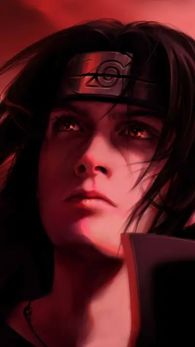 Brooding anime character with Sharingan eyes, looking upwards in red lighting