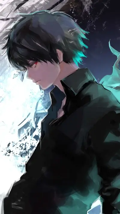 Brooding young man with dark hair and red eyes, artistic illustration