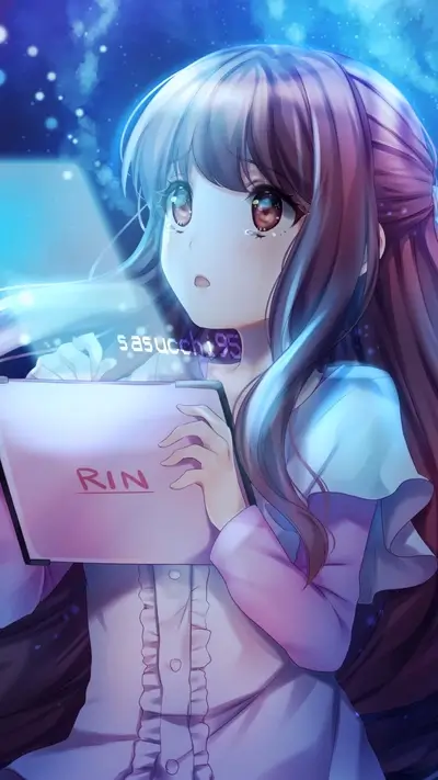 Brown-haired anime girl holding tablet with her name, glowing username hovering nearby.