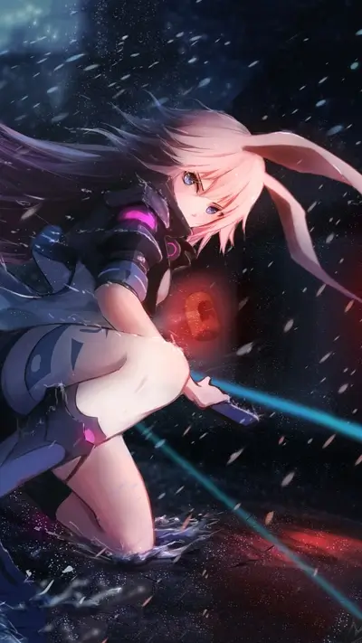 Bunny girl armed with glowing katana, kneeling in water, snow falling.