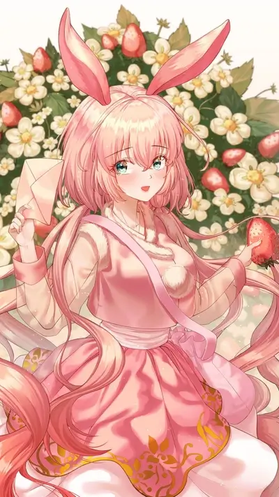 Bunny girl delivering a letter and a strawberry, surrounded by flowers