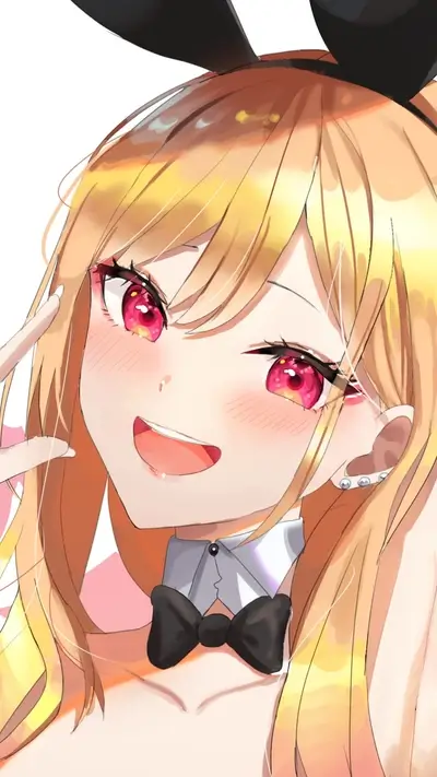 Bunny girl with blonde hair, smiling and making peace sign, wearing bow tie