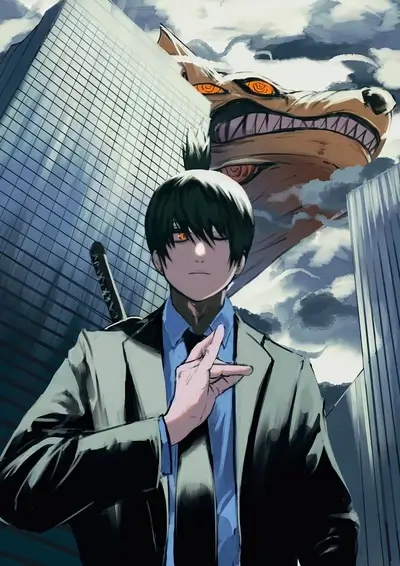 Businessman with katana, giant fox spirit looming over city