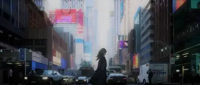 Bustling city street with bright billboards and modern architecture